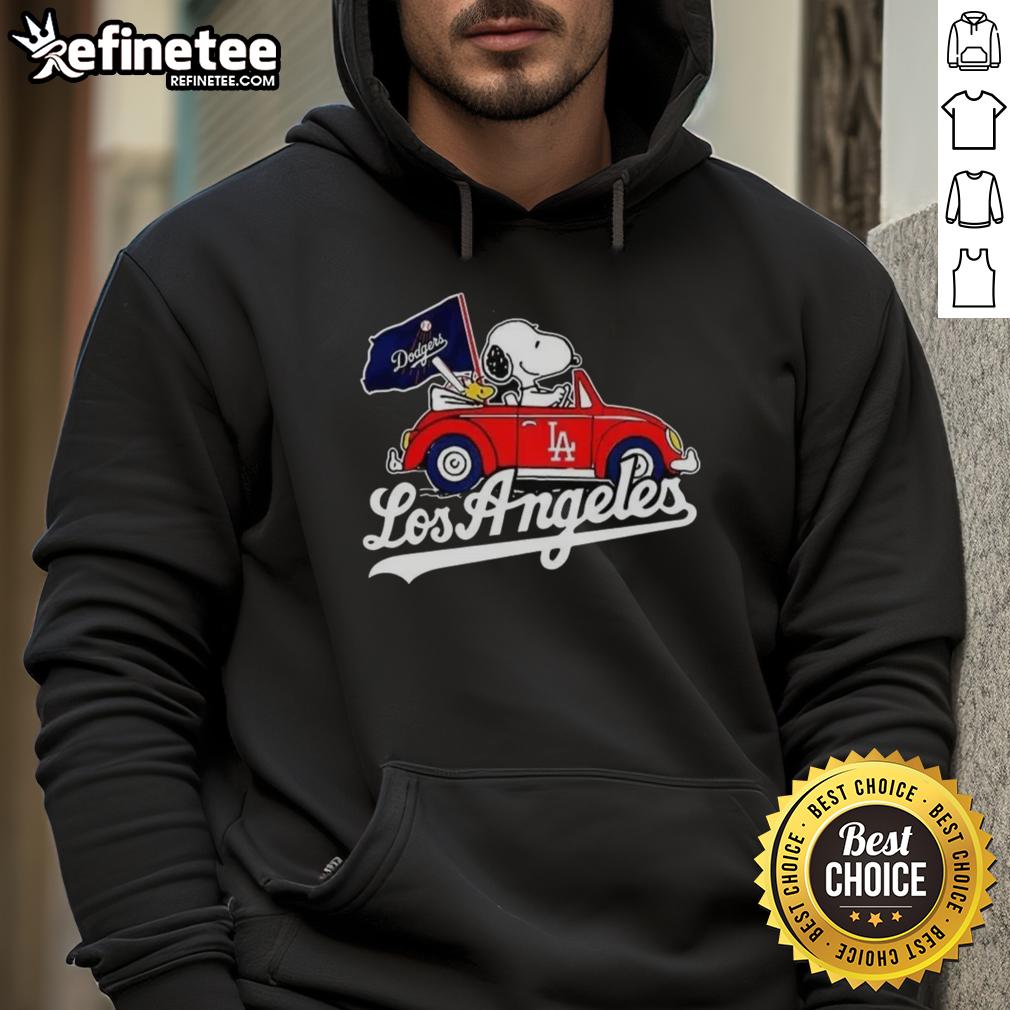 Premium Snoopy and Woodstock hoodie featuring Volkswagen Beetle design for Los Angeles Dodgers baseball fans.