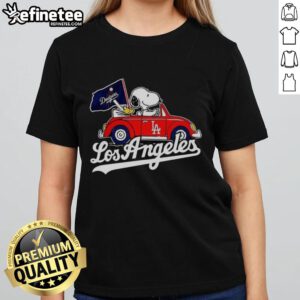 Alt Text: Premium Snoopy and Woodstock on a Volkswagen Beetle for Los Angeles Dodgers baseball fans ladies tee shirt.