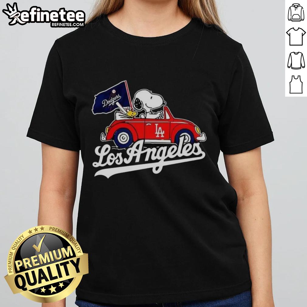 Alt Text: Premium Snoopy and Woodstock on a Volkswagen Beetle for Los Angeles Dodgers baseball fans ladies tee shirt.