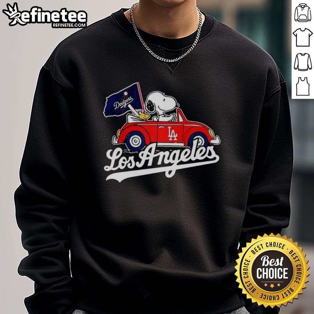 Alt Text: Premium Snoopy and Woodstock on a Volkswagen Beetle sweatshirt for Los Angeles Dodgers baseball fans.