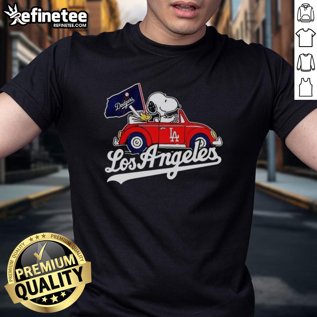 Premium Snoopy and Woodstock on Volkswagen Beetle T-Shirt for Los Angeles Dodgers baseball fans, perfect for casual wear.