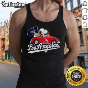 Premium Snoopy and Woodstock on Volkswagen Beetle tank top for Los Angeles Dodgers baseball fans, vibrant design.