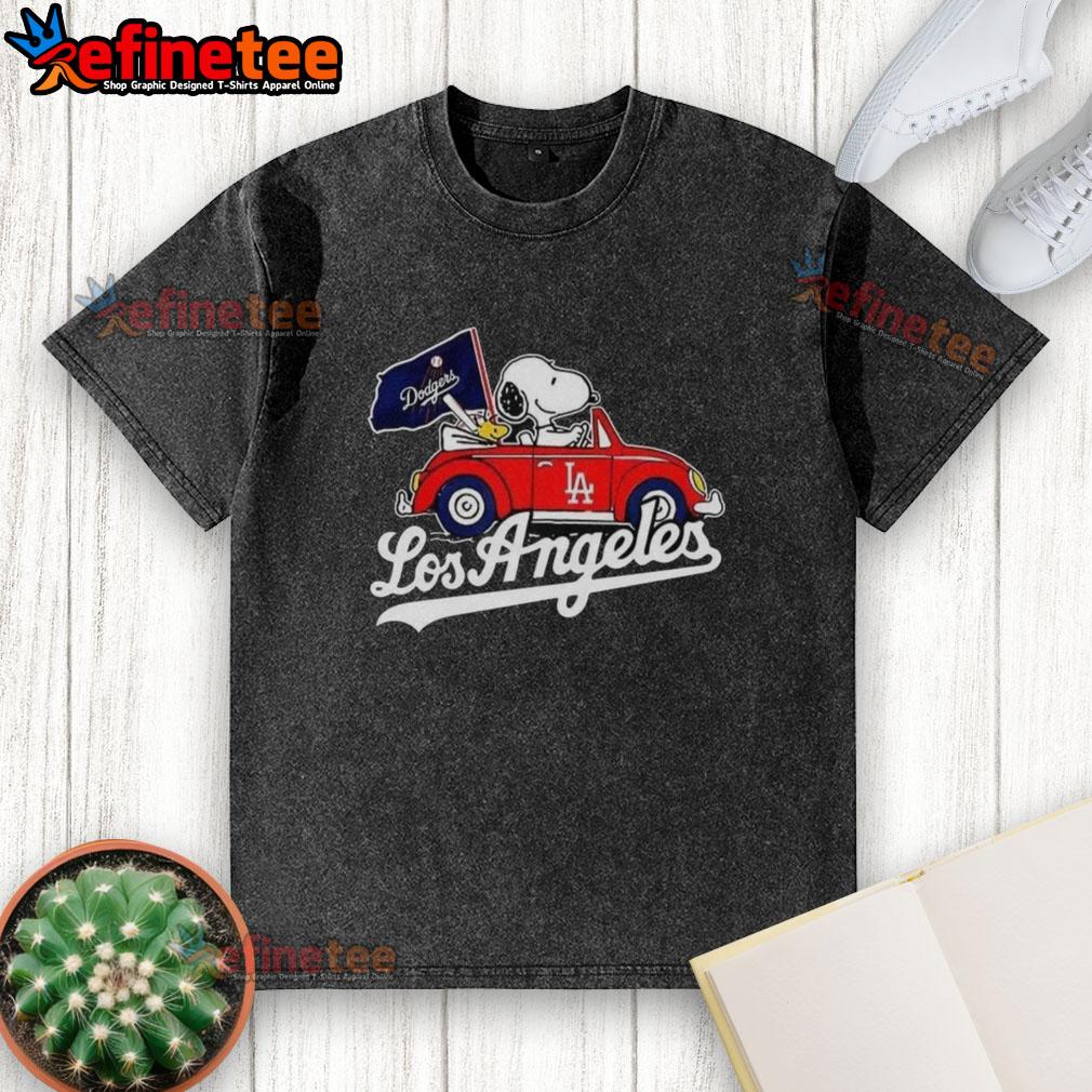 Alt Text: Premium Snoopy and Woodstock on Volkswagen Beetle t-shirt for Los Angeles Dodgers baseball fans, stylish and comfortable.