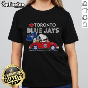 Premium Snoopy and Woodstock on Volkswagen Beetle tee for Toronto Blue Jays baseball fans, perfect ladies' shirt.