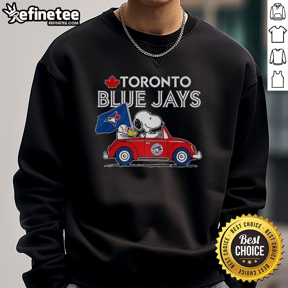 Premium Snoopy and Woodstock on Volkswagen Beetle sweatshirt for Toronto Blue Jays baseball fans.