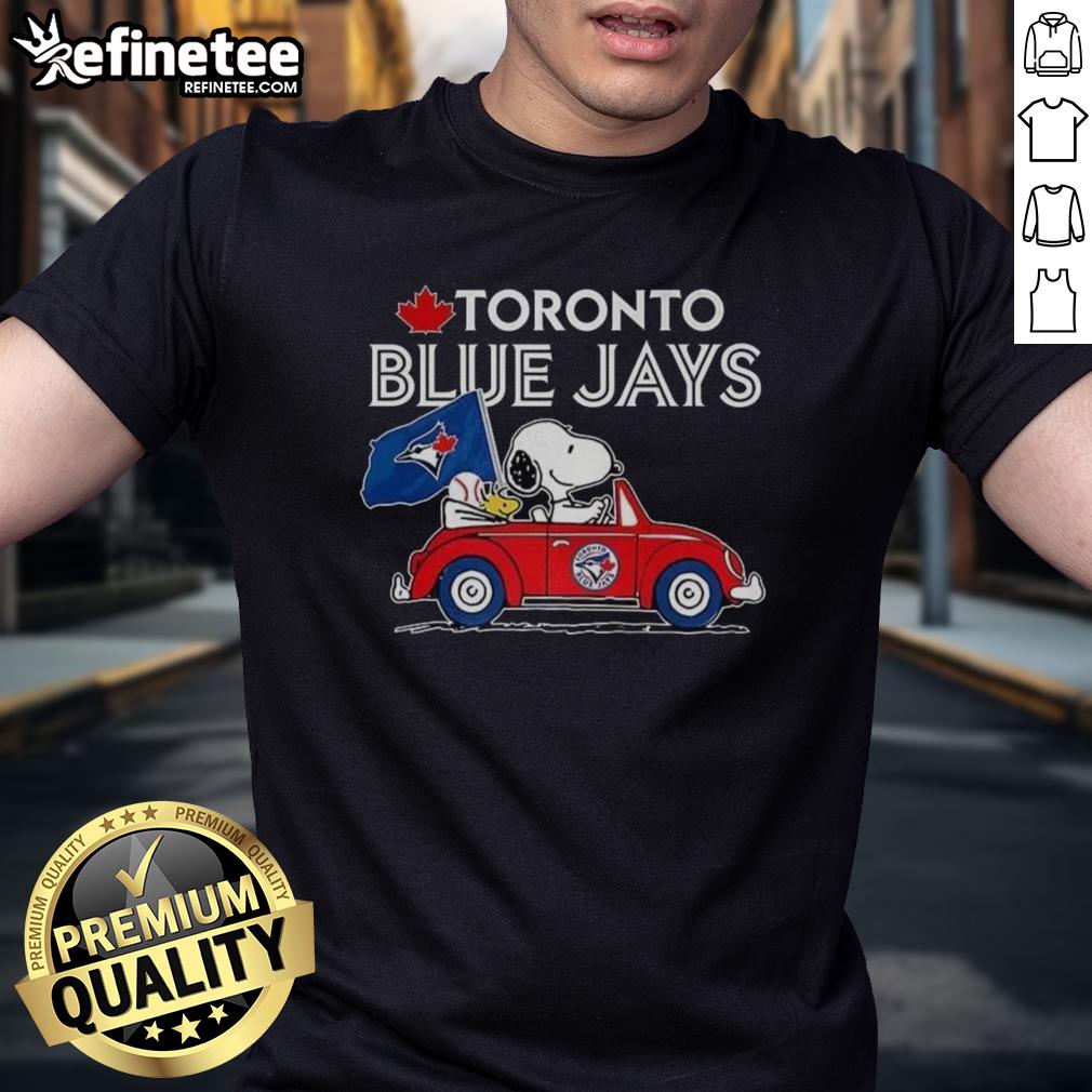 Alt Text: Premium Snoopy and Woodstock on Volkswagen Beetle t-shirt for Toronto Blue Jays baseball fans, showcasing playful design.