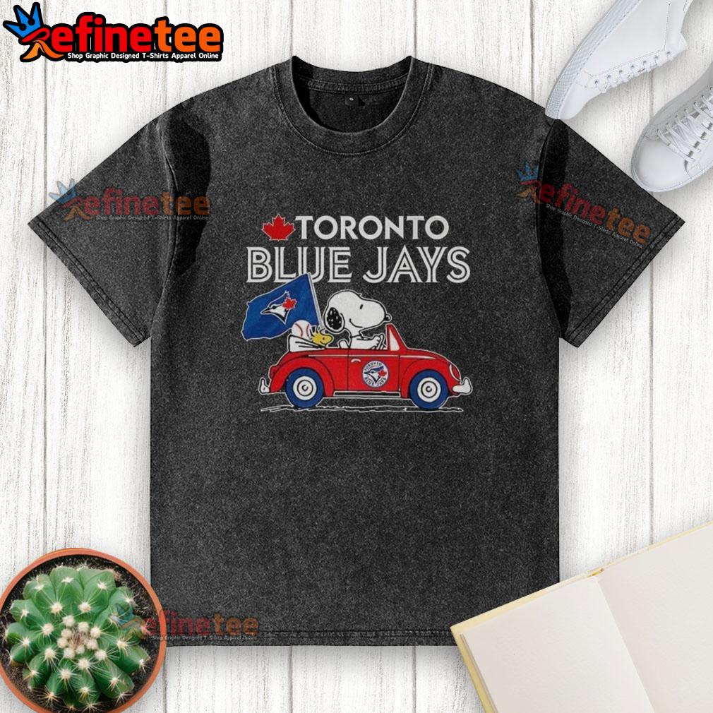 Alt Text: Premium Snoopy and Woodstock on Volkswagen Beetle t-shirt for Toronto Blue Jays baseball fans, stylish and fun.