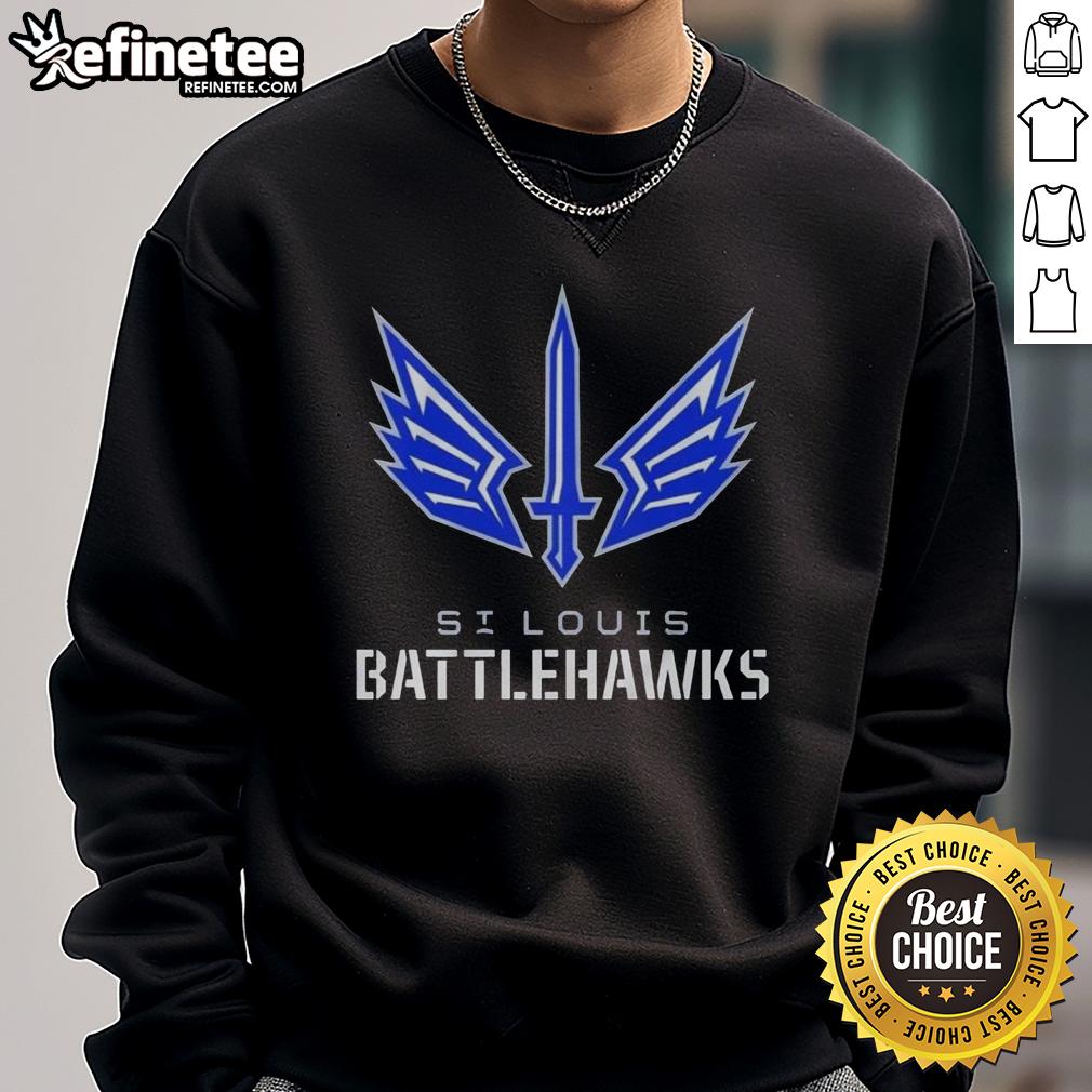 Premium St. Louis Battlehawks lockup logo sweatshirt in blue, featuring the team's emblem and comfortable design.