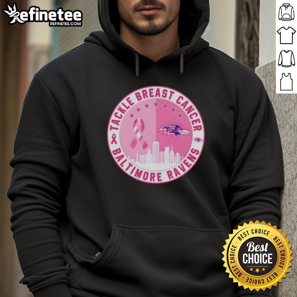 Premium Baltimore Ravens hoodie featuring skyline design to support breast cancer awareness.