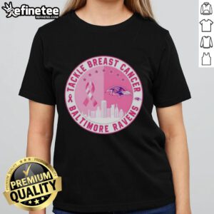 Premium Tackle Breast Cancer Baltimore Ravens Football Skyline Ladies Tee featuring a stylish design for fans.