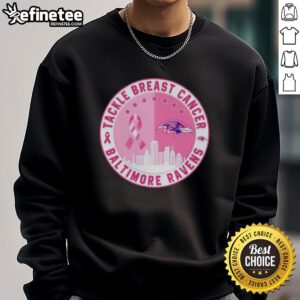Premium Baltimore Ravens football skyline sweatshirt supporting breast cancer awareness, featuring vibrant team colors.