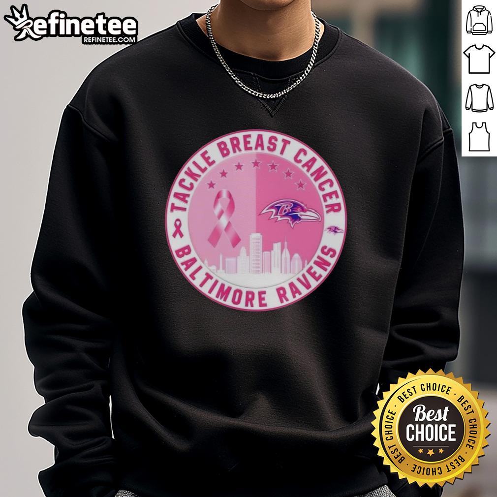 Premium Baltimore Ravens football skyline sweatshirt supporting breast cancer awareness, featuring vibrant team colors.