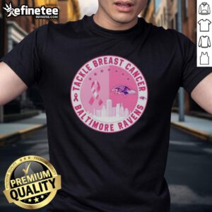 Premium Tackle Breast Cancer Baltimore Ravens Football Skyline T-Shirt featuring a vibrant city skyline and team logo.
