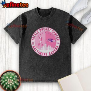 Premium Baltimore Ravens Breast Cancer Awareness T-Shirt featuring a skyline design, perfect for football fans.