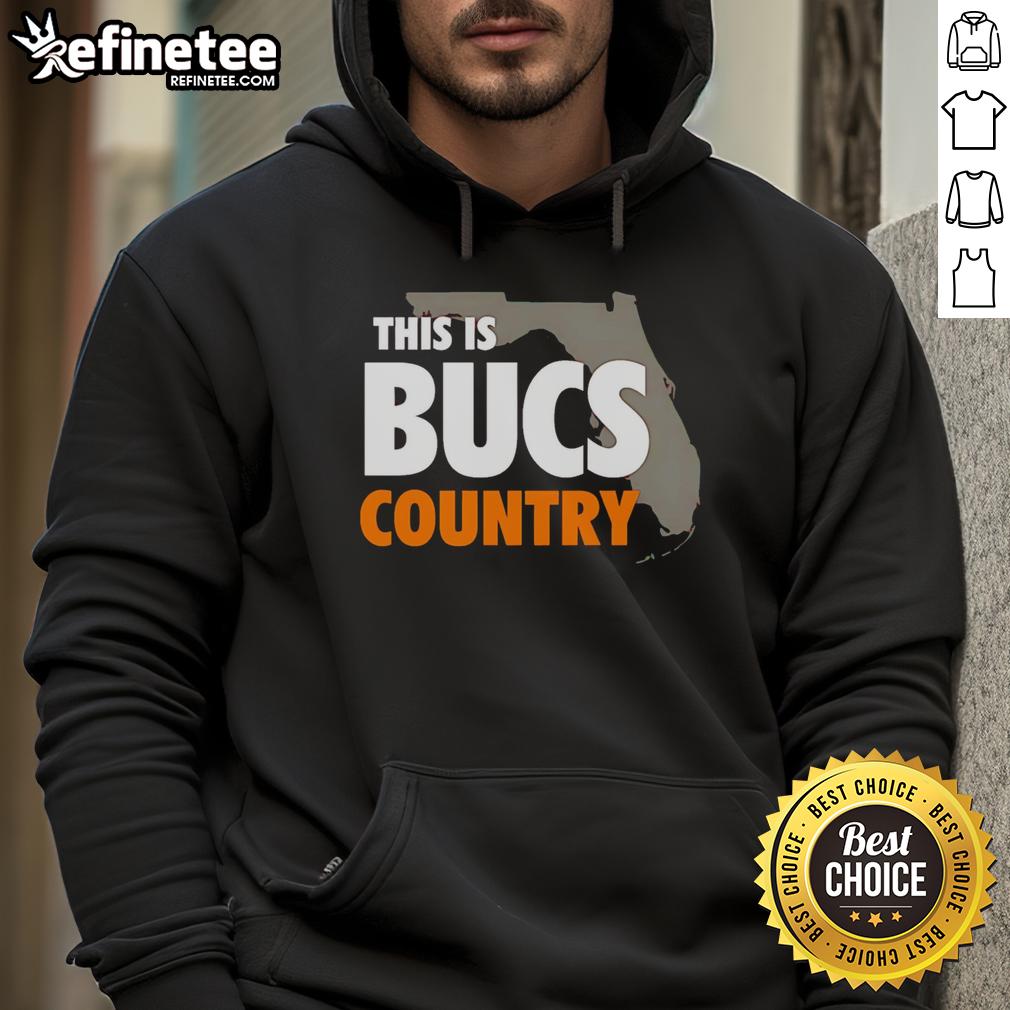 Premium 'This Is Bucs Country' hoodie featuring team colors and logo, perfect for fans of the Tampa Bay Buccaneers.