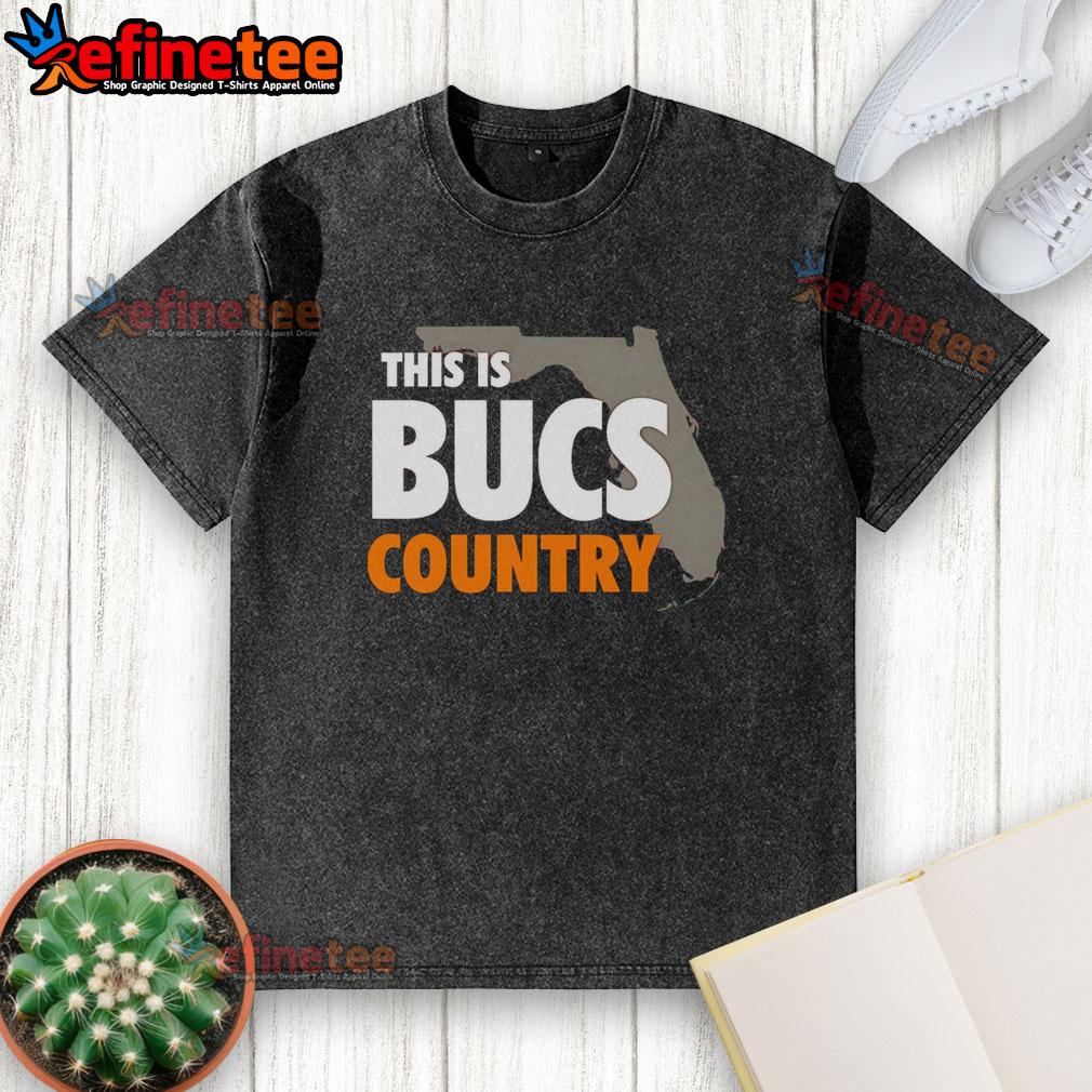 Alt Text: Premium 'This Is Bucs Country' washed t-shirt featuring a vibrant design for passionate fans of the Tampa Bay Buccaneers.
