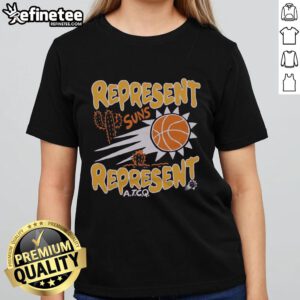 Alt Text: Pretty A Tribe Called Quest X Phoenix Suns Represent Ladies Tee featuring vibrant graphics and stylish design.