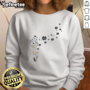 Alt Text: Pretty dandelion flower design on Notre Dame Fighting Irish football logo sweatshirt for stylish fans.
