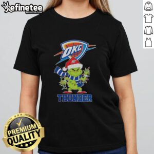 Pretty Oklahoma City Thunder Christmas Grinch Santa Hat holiday ladies tee featuring festive design and team colors.