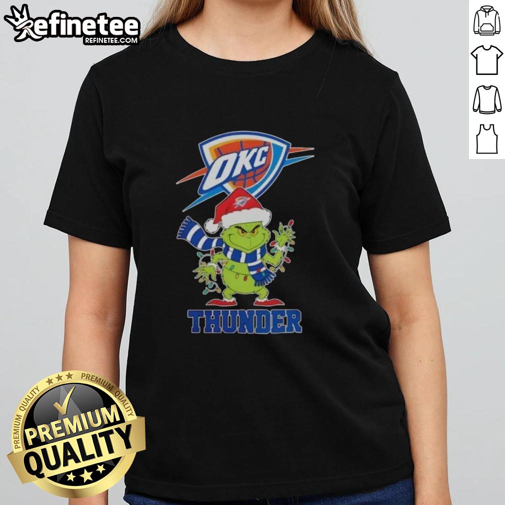 Pretty Oklahoma City Thunder Christmas Grinch Santa Hat holiday ladies tee featuring festive design and team colors.