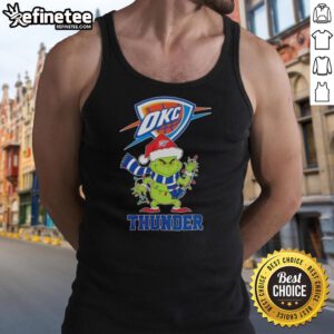 Pretty Oklahoma City Thunder Christmas Grinch Santa Hat holiday tank top worn by a smiling fan at a festive event.