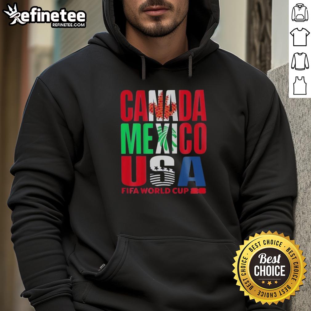 Top Canada Mexico USA FIFA World Cup 2026 hoodie featuring vibrant colors and national flags, perfect for fans.