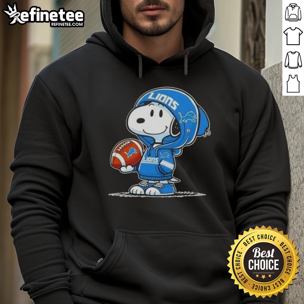 Snoopy wearing a Detroit Lions hoodie, smiling at fans, showcasing awesome Peanuts character style.