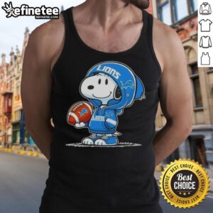 Alt Text: Snoopy in a Detroit Lions hoodie smiles at fans, featured on an Awesome Peanuts tank top design.