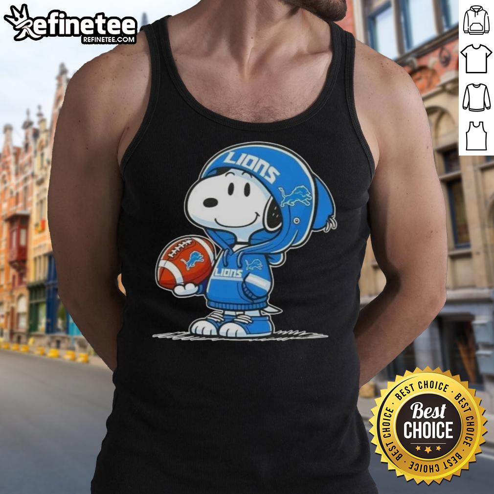 Alt Text: Snoopy in a Detroit Lions hoodie smiles at fans, featured on an Awesome Peanuts tank top design.