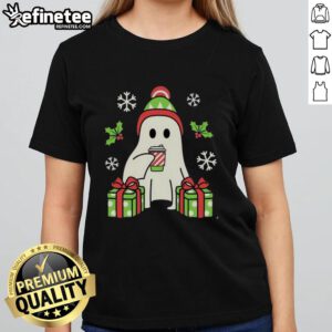 Happy Christmas Ghost Ladies Tee featuring playful ghost designs in festive colors for a fun holiday spirit.