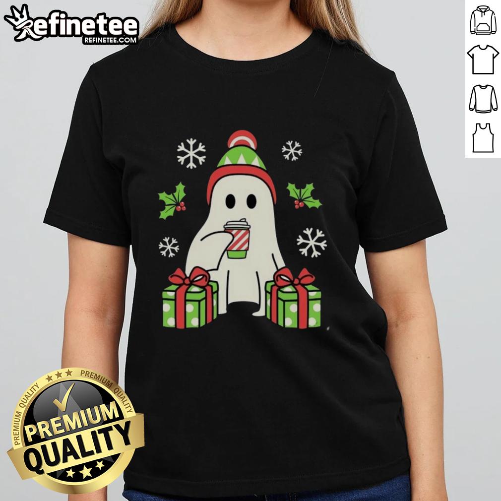 Happy Christmas Ghost Ladies Tee featuring playful ghost designs in festive colors for a fun holiday spirit.