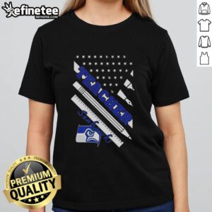 Alt Text: Ladies Seattle Seahawks football tee featuring American flag design, perfect for fans and teachers.