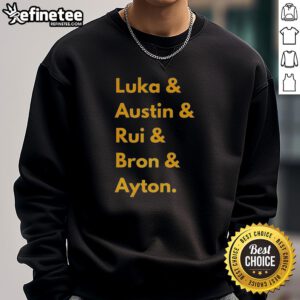 Alt Text: Official Los Angeles Lakers 2025 line-up name sweatshirt showcasing team colors and player names for fans.