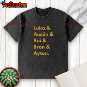 Alt Text: Official Los Angeles Lakers 2025 line-up name washed t-shirt featuring team colors and player names on display.