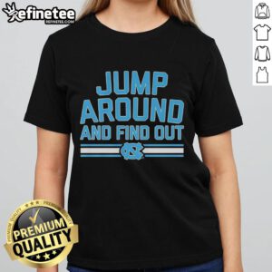 Official North Carolina Tar Heels Basketball 'Jump Around and Find Out' Ladies Tee in vibrant blue, perfect for fans.