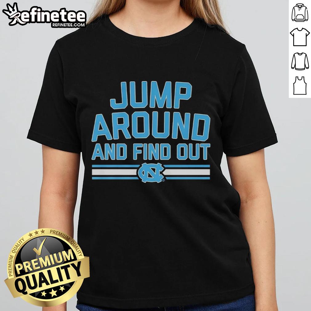 Official North Carolina Tar Heels Basketball 'Jump Around and Find Out' Ladies Tee in vibrant blue, perfect for fans.