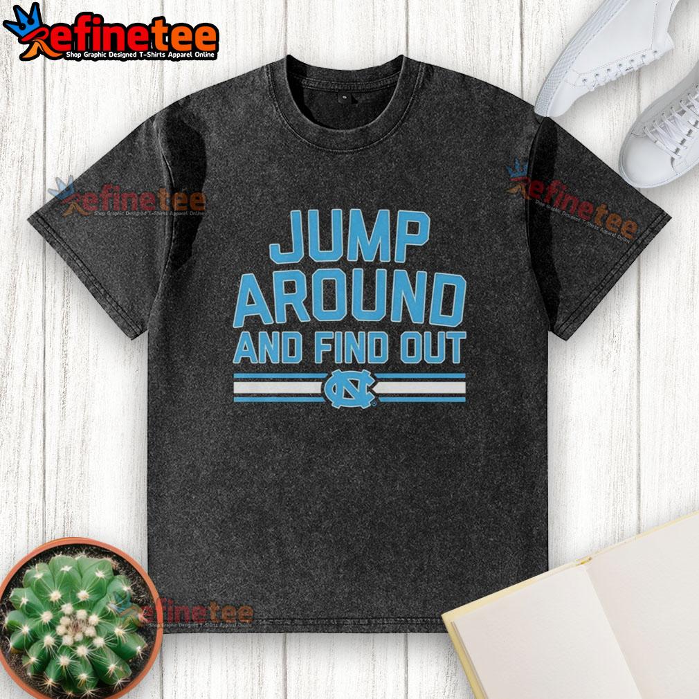 Official North Carolina Tar Heels Basketball Jump Around and Find Out washed t-shirt in blue, perfect for fans.