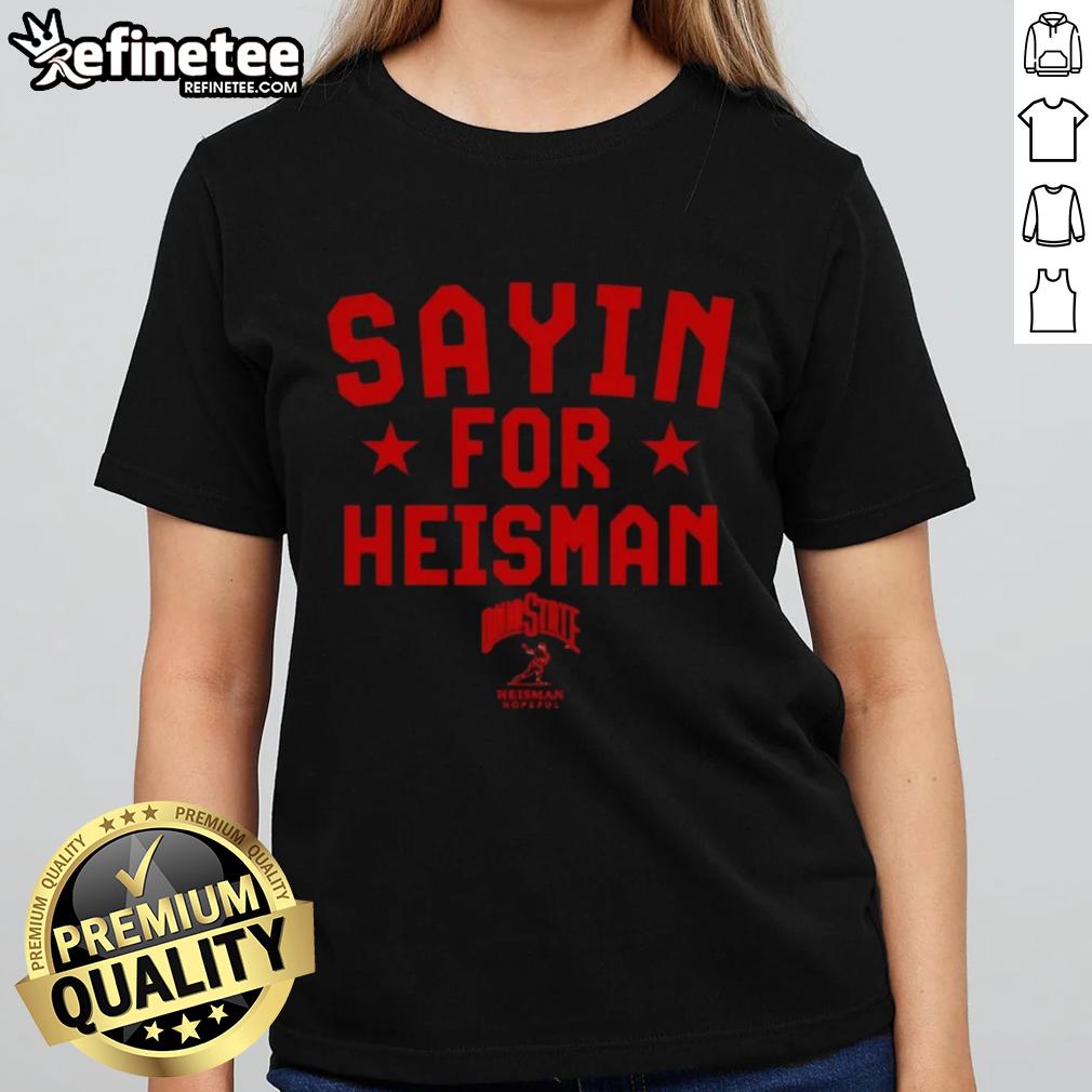 Alt Text: Official Ohio State Buckeyes Football Julian Sayin For Heisman Ladies Tee featuring team colors and logo.