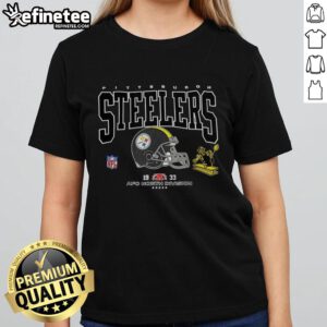 Alt Text: Official Pittsburgh Steelers Football AFC North Division logo on a stylish ladies tee, established in 1933.