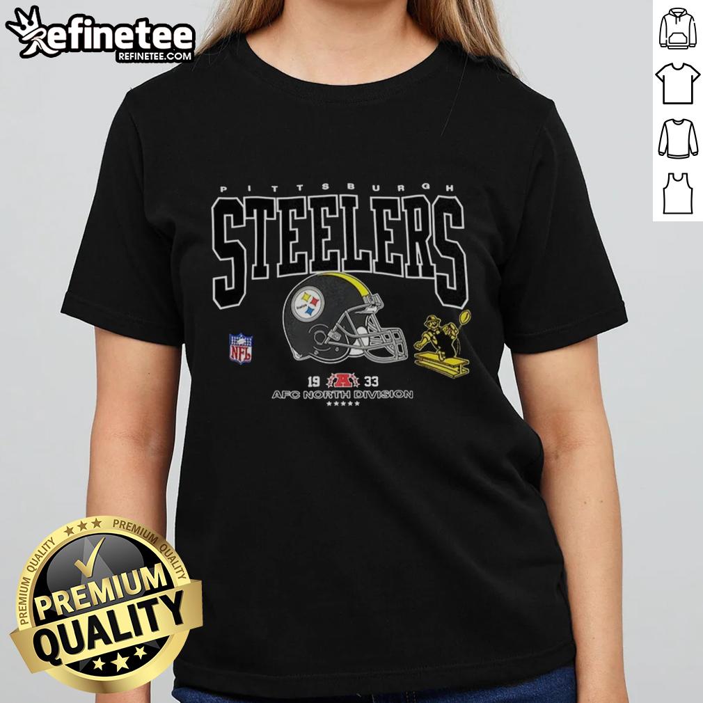 Alt Text: Official Pittsburgh Steelers Football AFC North Division logo on a stylish ladies tee, established in 1933.