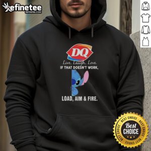 Official Stitch x Dairy Queen hoodie featuring 'Live Laugh Love' and 'Load Aim and Fire' designs in vibrant colors.