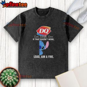 Official Stitch X Dairy Queen Live Laugh Love T-Shirt with Load Aim and Fire slogan, perfect for casual wear.