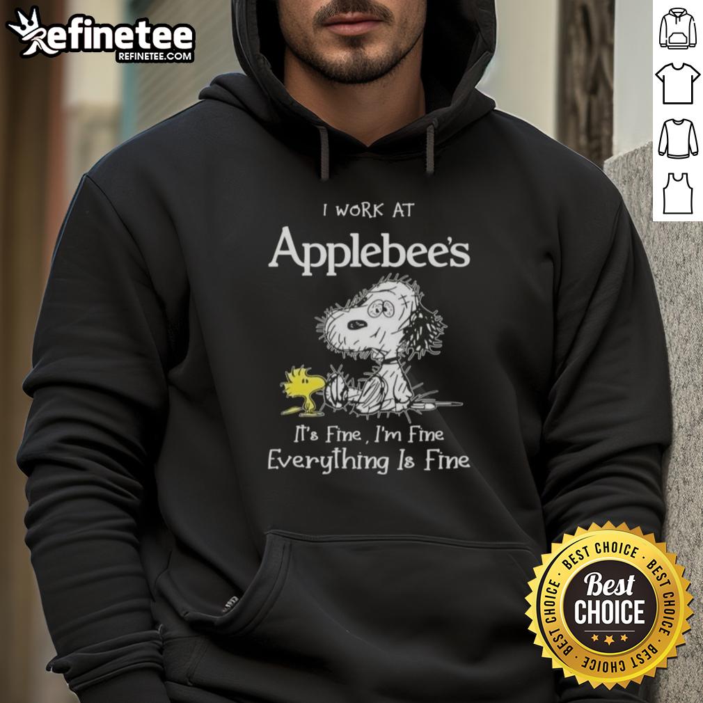 Alt Text: Tired Snoopy and Woodstock graphic on a hoodie, featuring 'I Work at Applebee's, It's Fine, I'm Fine' slogan.
