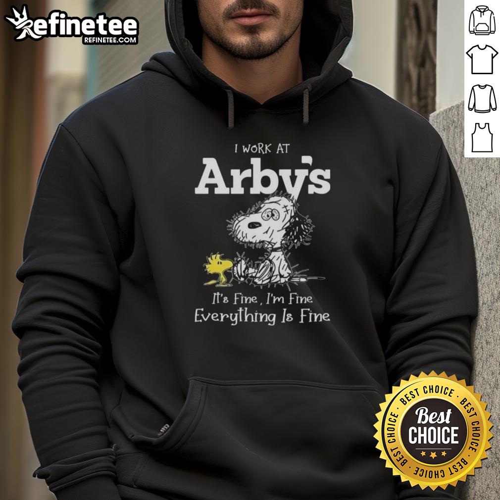Alt Text: Official Tired Snoopy and Woodstock hoodie featuring I Work at Arby's, It's Fine, I'm Fine, Everything is Fine design.