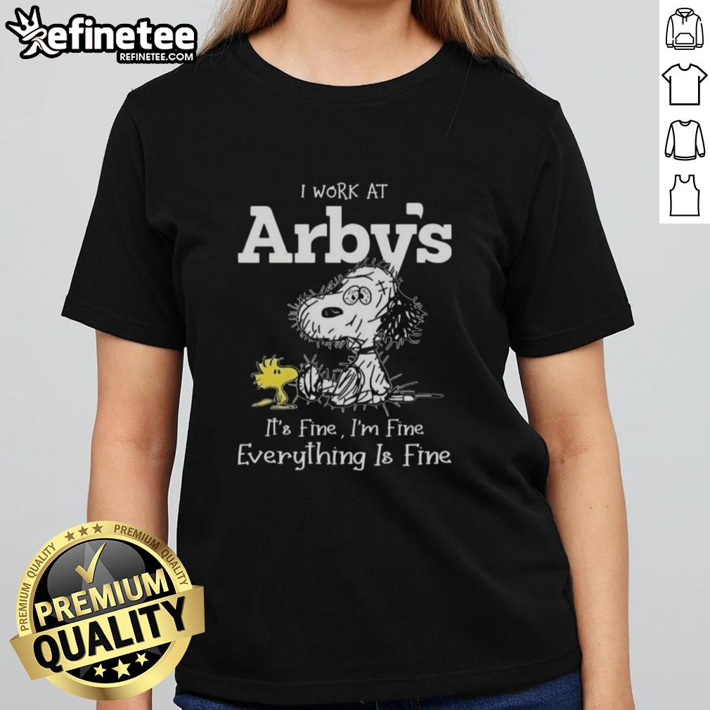 Official Tired Snoopy and Woodstock shirt with 'I Work at Arby's, It's Fine, I'm Fine' slogan for ladies.