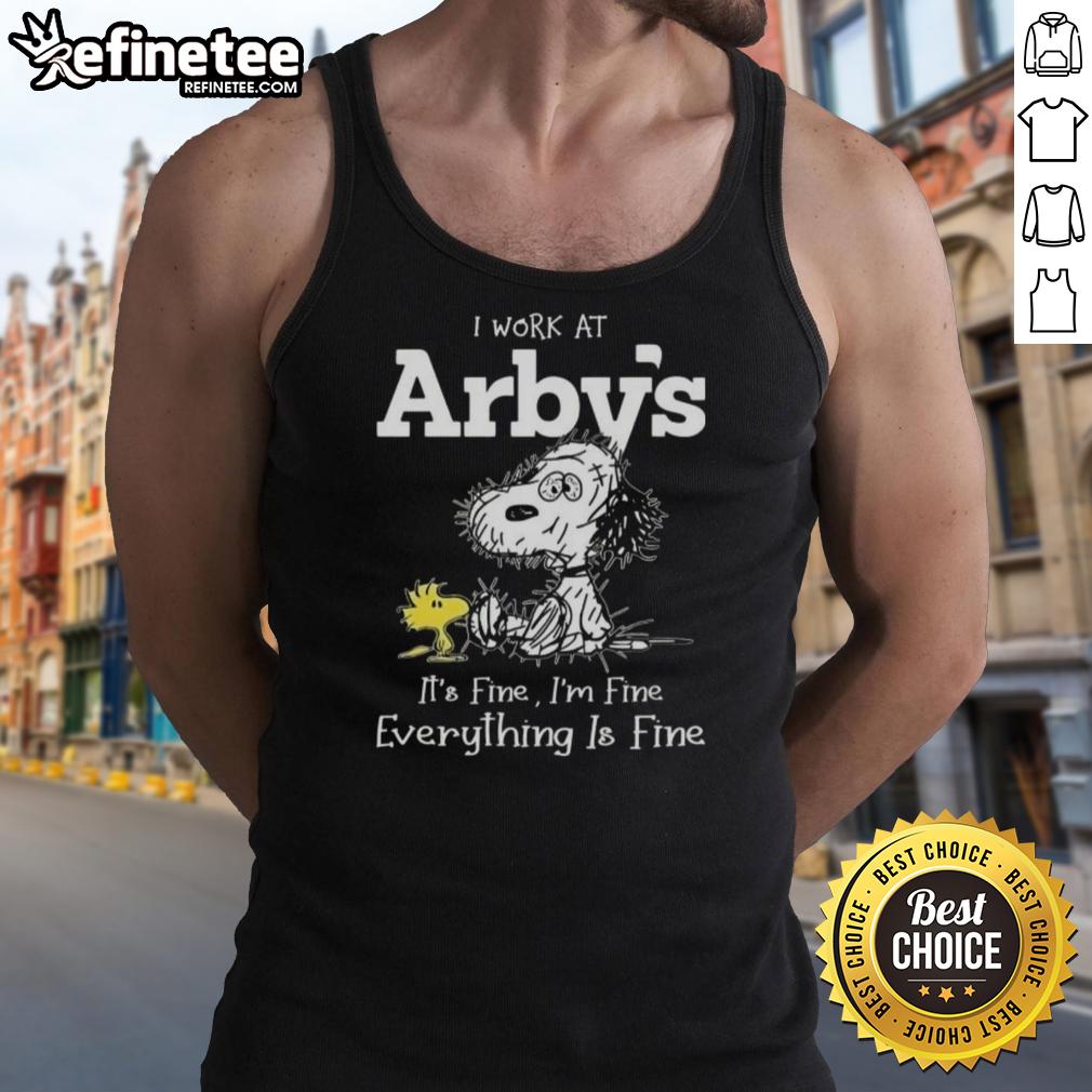 Official Tired Snoopy and Woodstock tank top with 'I work at Arby's, it's fine, I'm fine, everything is fine' design.