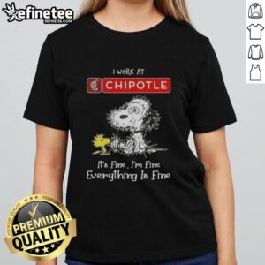 Official Tired Snoopy and Woodstock I Work at Chipotle Mexican Grill Ladies Tee showcasing fun cartoon design.