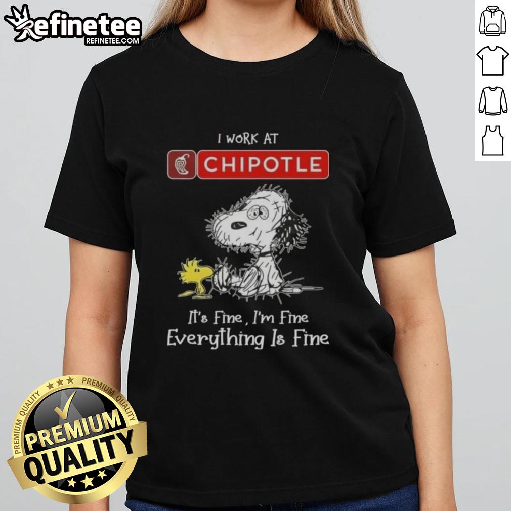 Official Tired Snoopy and Woodstock I Work at Chipotle Mexican Grill Ladies Tee showcasing fun cartoon design.