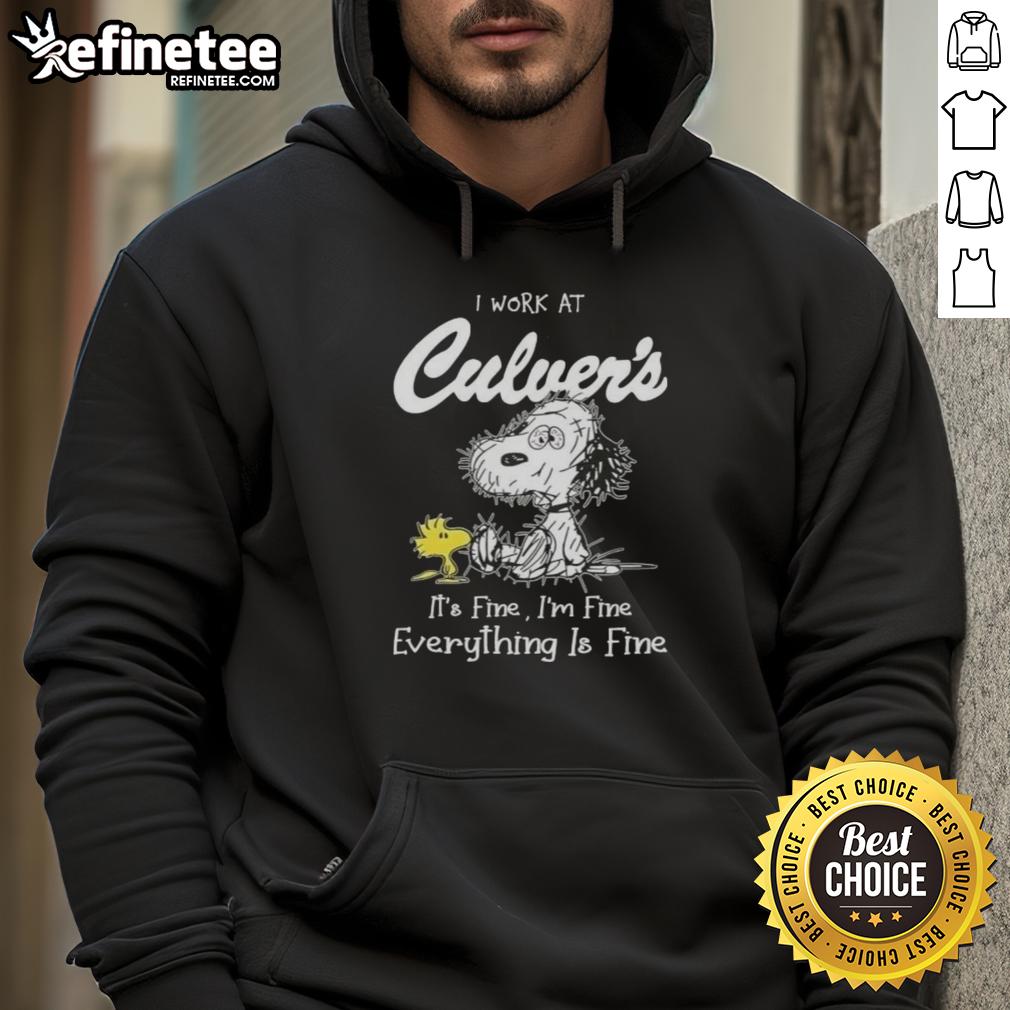 Alt Text: Official Tired Snoopy and Woodstock hoodie featuring 'I work at Culver's, it's fine, I'm fine, everything is fine' design.