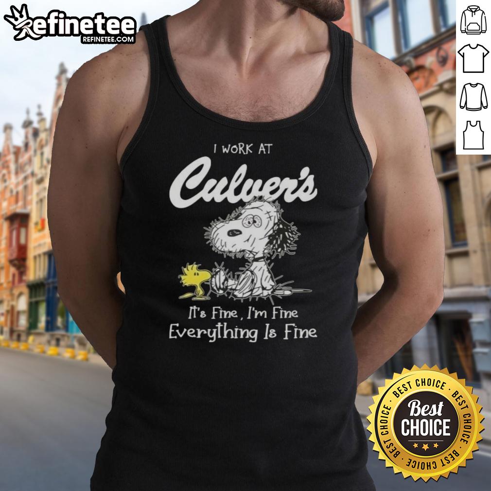 Tired Snoopy and Woodstock graphic on 'I Work At Culvers It's Fine I'm Fine Everything Is Fine' tank top.